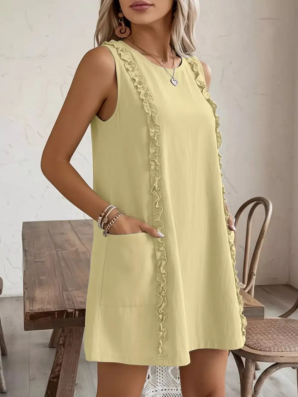 Round Neck Ruffle Sleeveless Dress Casual