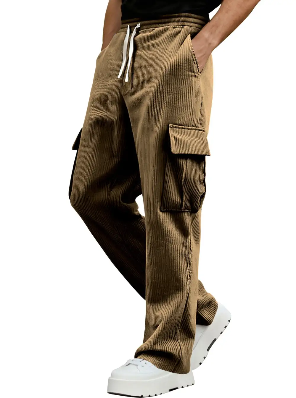 Men's Casual Corduroy Cargo Pants Waist Straight Leg Pockets