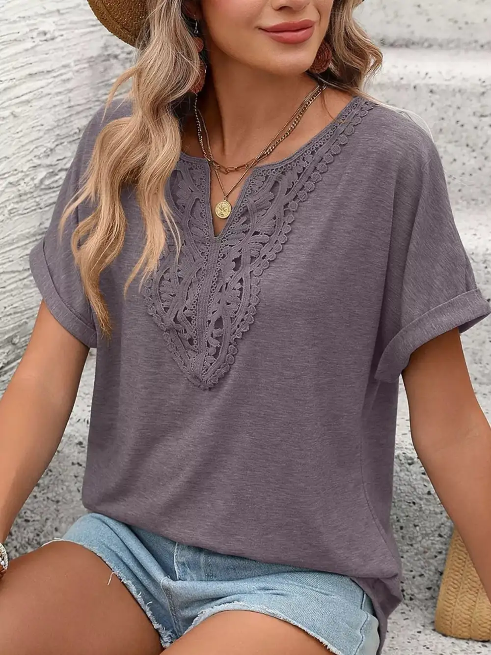 Lace Trim Detail Short Sleeve T-Shirt