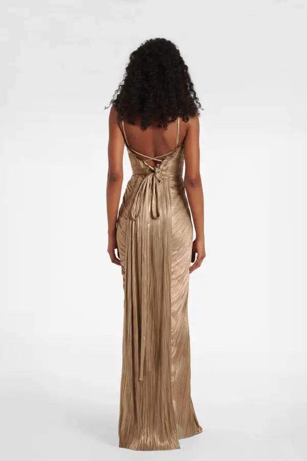 Pleated Metallic Tie Slit Maxi Gown