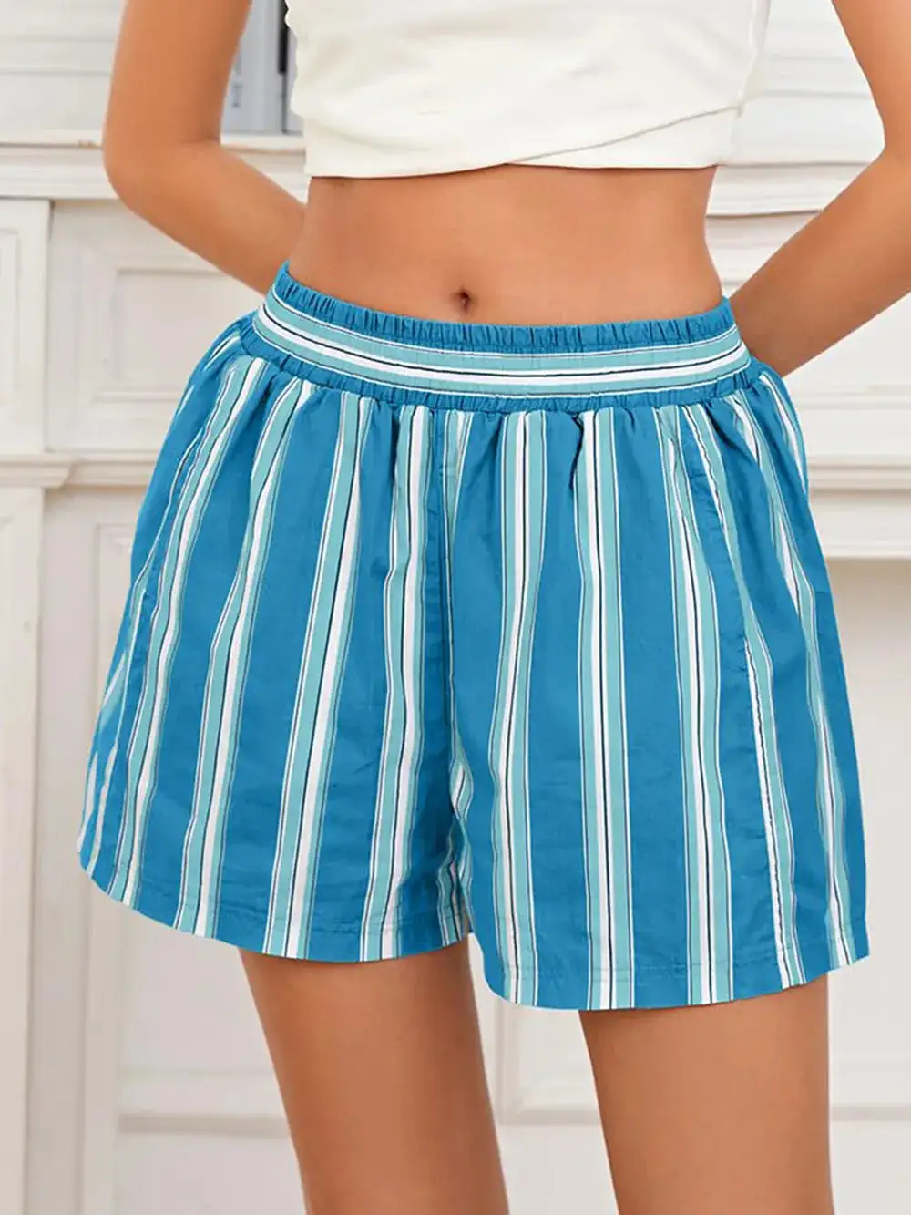 Cotton-Blend Striped Elastic Waist Shorts