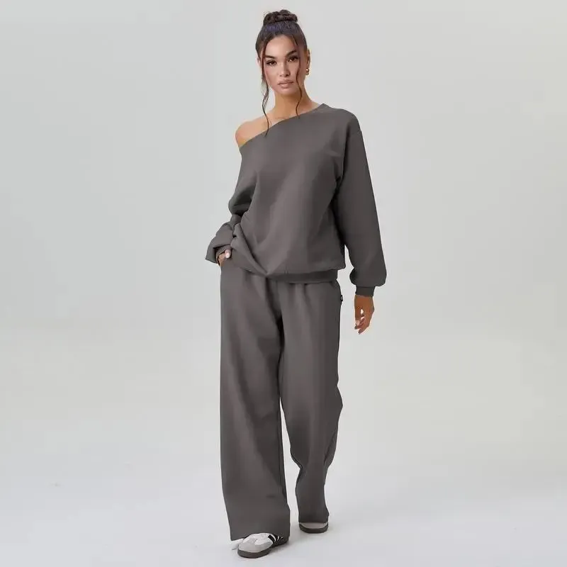 🔥Last Day 89% OFF🔥Women's Leisure Solid Color Sloping Shoulder Long Sleeve Top & Wide Leg Trousers Co-ord