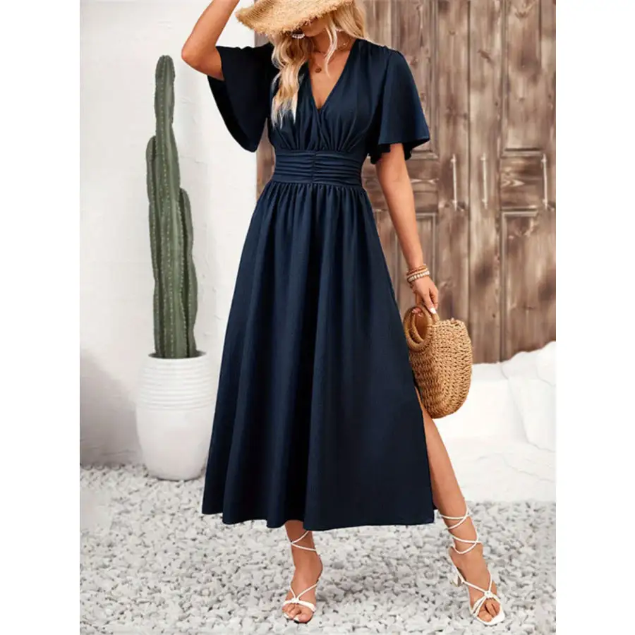 Side Slit Surplice Flutter Sleeve Midi Dress