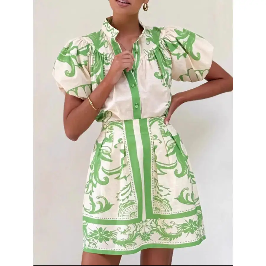Printed Puff Sleeve Top and Skirt Set