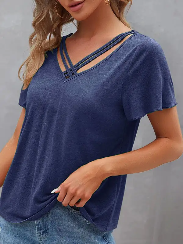 Relaxed Curve Fit Cutout Panel Detail V-Neck Polyester T-Shirt
