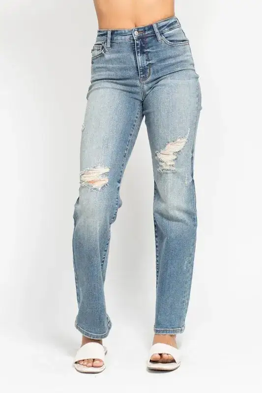 High-Waist Relaxed Distressed Washed Straight Leg Jeans