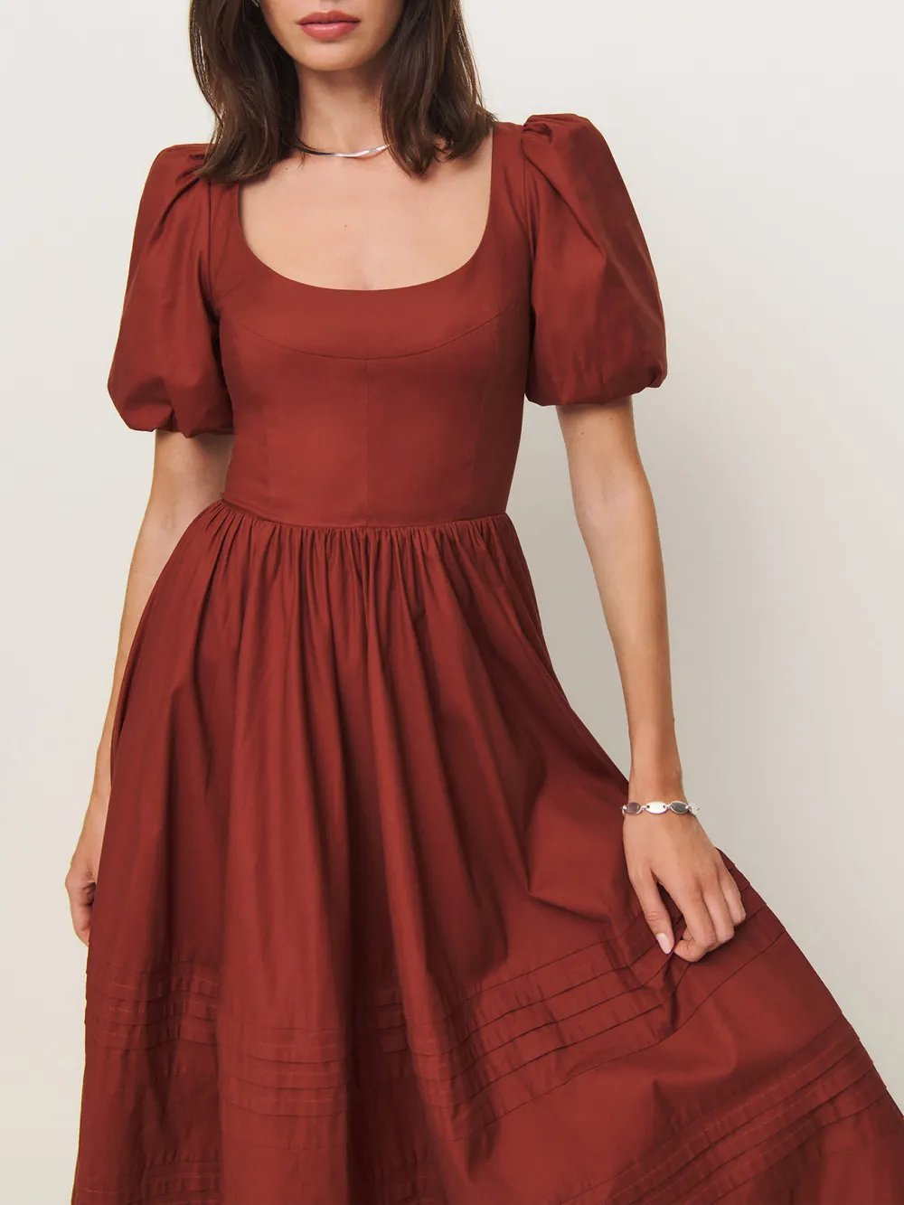 Puff Sleeve Square Neck Midi Dress