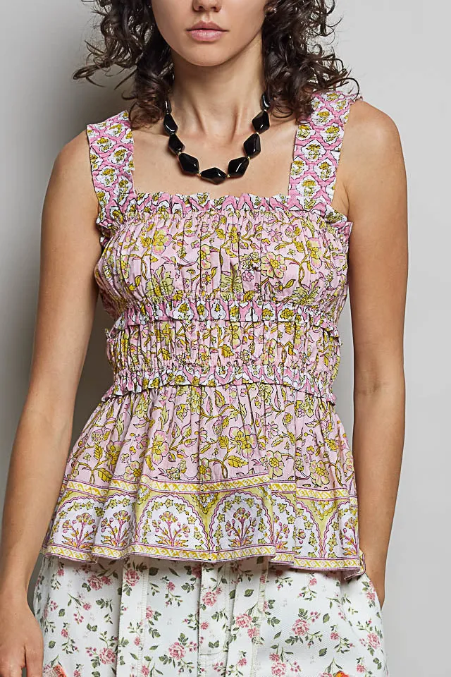 Square-Neck Ruffle-Trim Ruffled Smocked Tank Top
