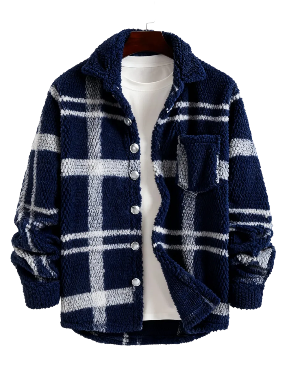 Men's Plaid Print Button Front Fleece Winter Jacket, Casual Comfortable Warmth Regular Fit Long Sleeve Pockets Warm Fleece Material Outerwear for Fall & Winter, Mens Clothing, Men's Clothes for Daily Wear