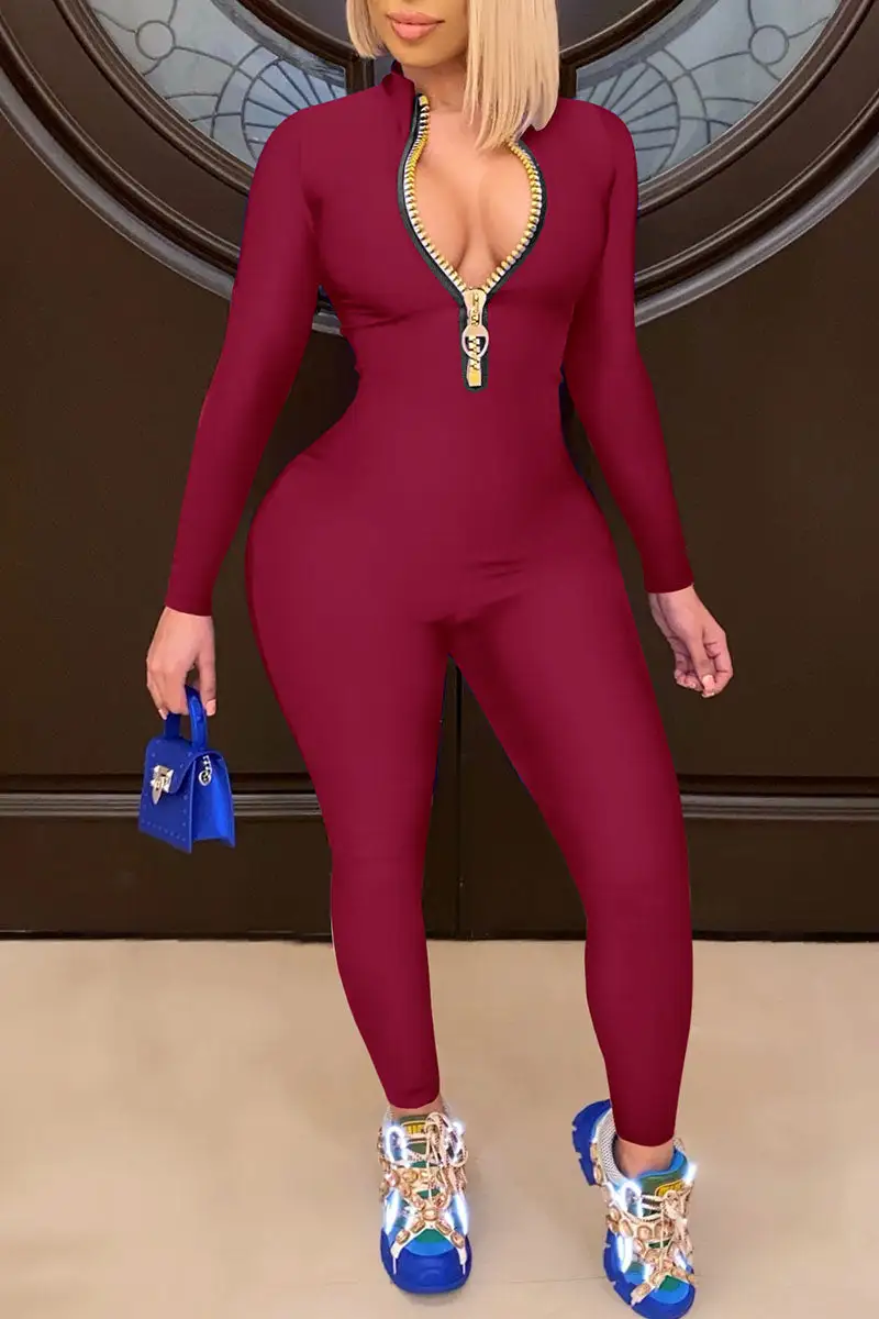 Casual Solid Split Joint Zipper Collar Skinny Jumpsuits