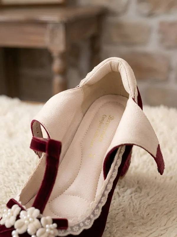 T-Strap Lace Pearl Velvet Women's Bavarian Occasion Heels