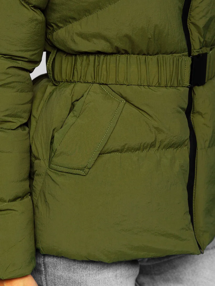 Khaki women's quilted winter jacket with hood