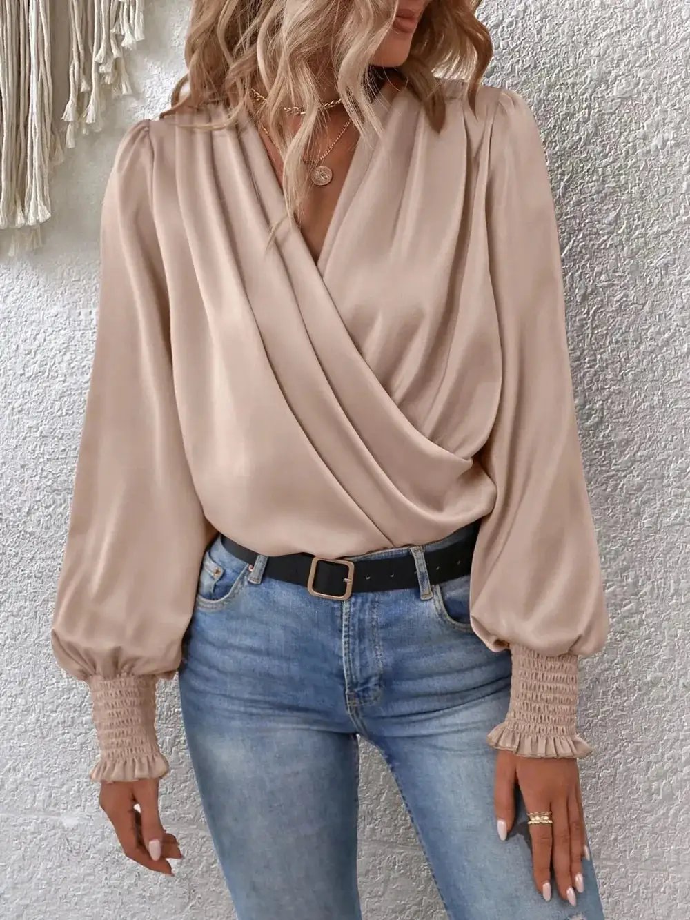 Surplice Neck Smocked Blouse