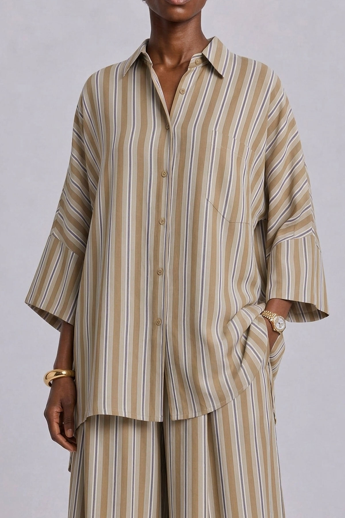 Wide Leg Button Front Striped Matching Set