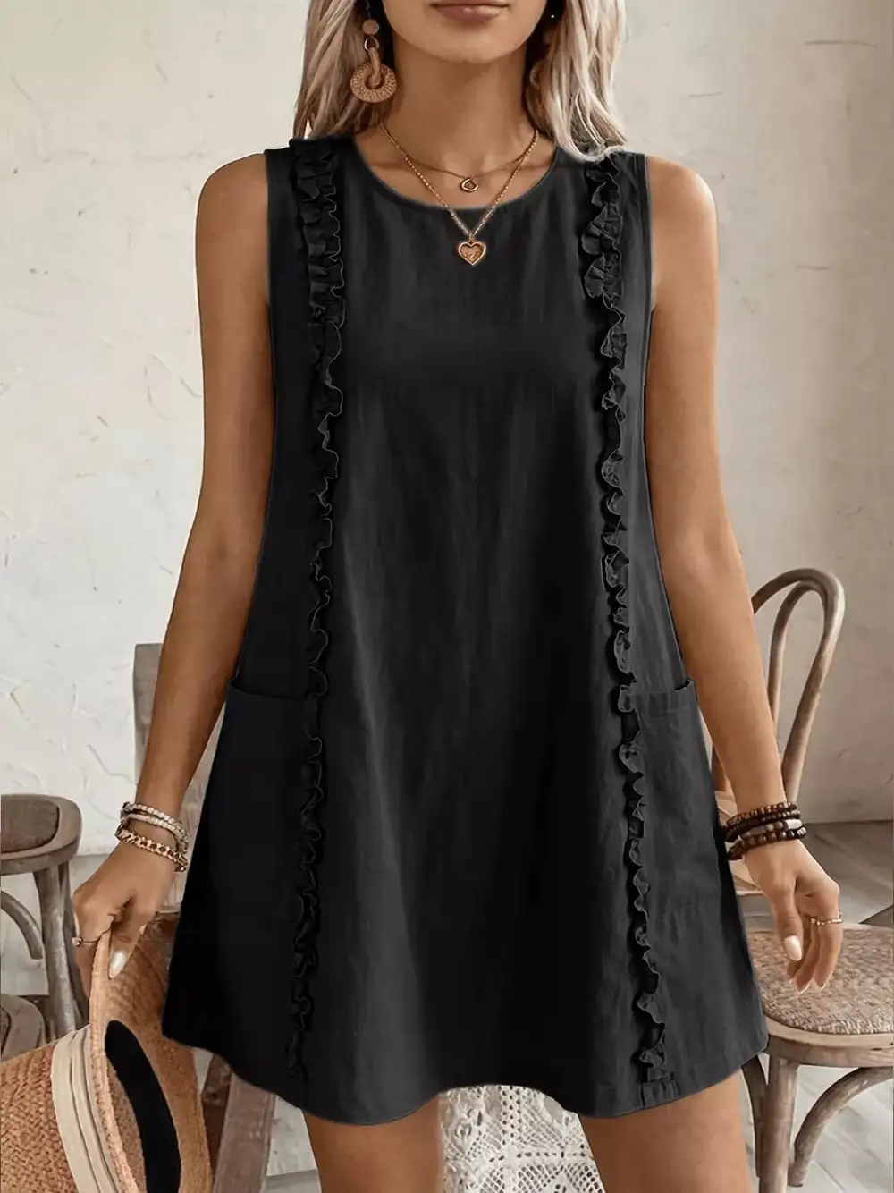 Round Neck Ruffle Sleeveless Dress Casual