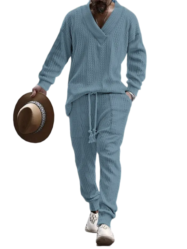 Men's Jacquard Drop Shoulder V Neck Top & Drawstring Waist Pants, Casual Fashion Pullover & Pocket Trousers for Daily Wear, Tracksuit Set, Tracksuits, Mens Jogger Sets, Sweat Suits Workout, Men's 2 Piece Set, Menswear, Clothes, Formal Wear, Sweat Set