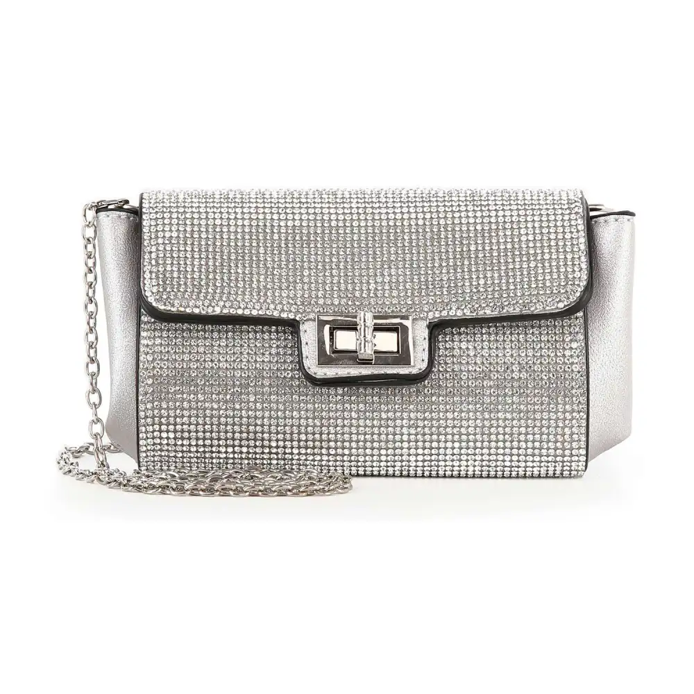Crystal Accent Chain Accent Flap Front Faux Leather Clutch Bag