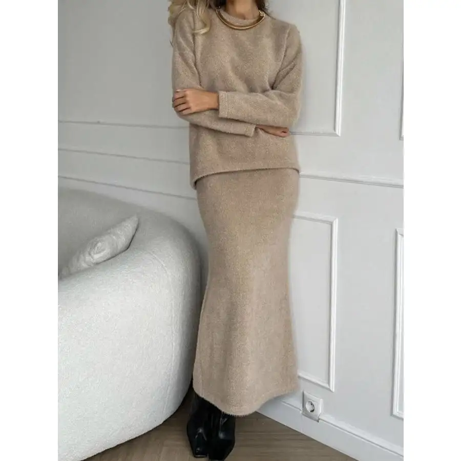 Round Neck Dropped Shoulder Top and Midi Skirt Sweater Set