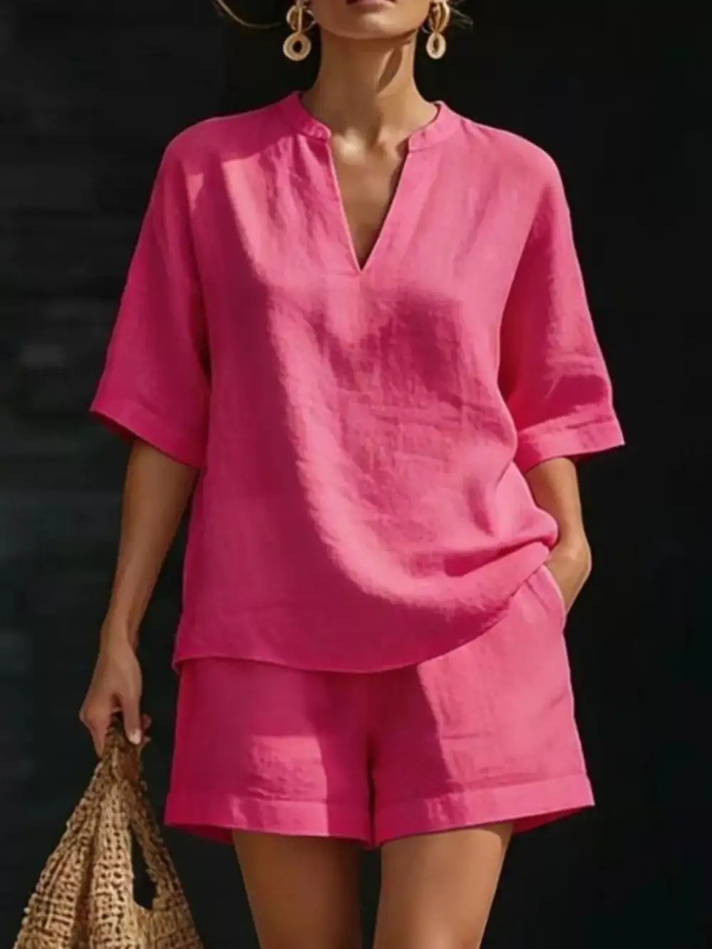 Notched Half Sleeve Top and Shorts Set