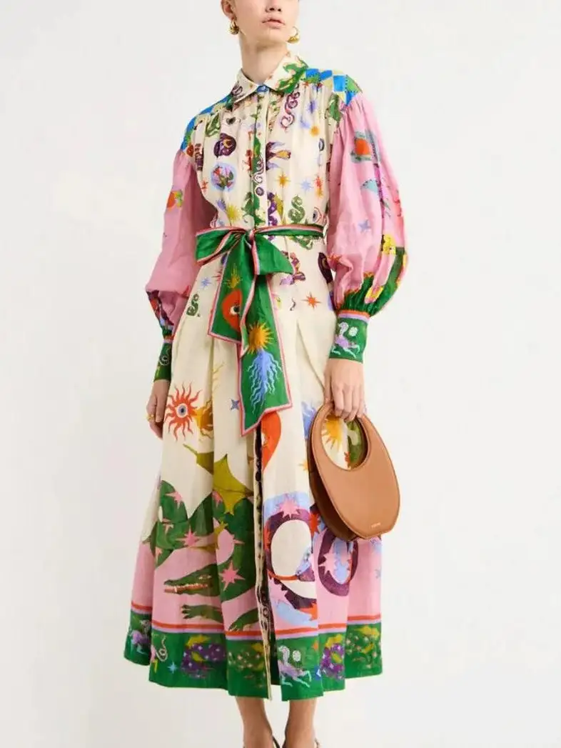 And Beautiful Retro Print Long Sleeve Midi Dress