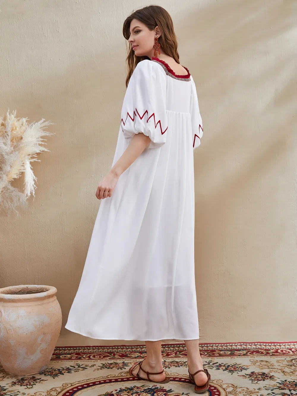 Puff Sleeve Embroidery Yoke Smock Dress