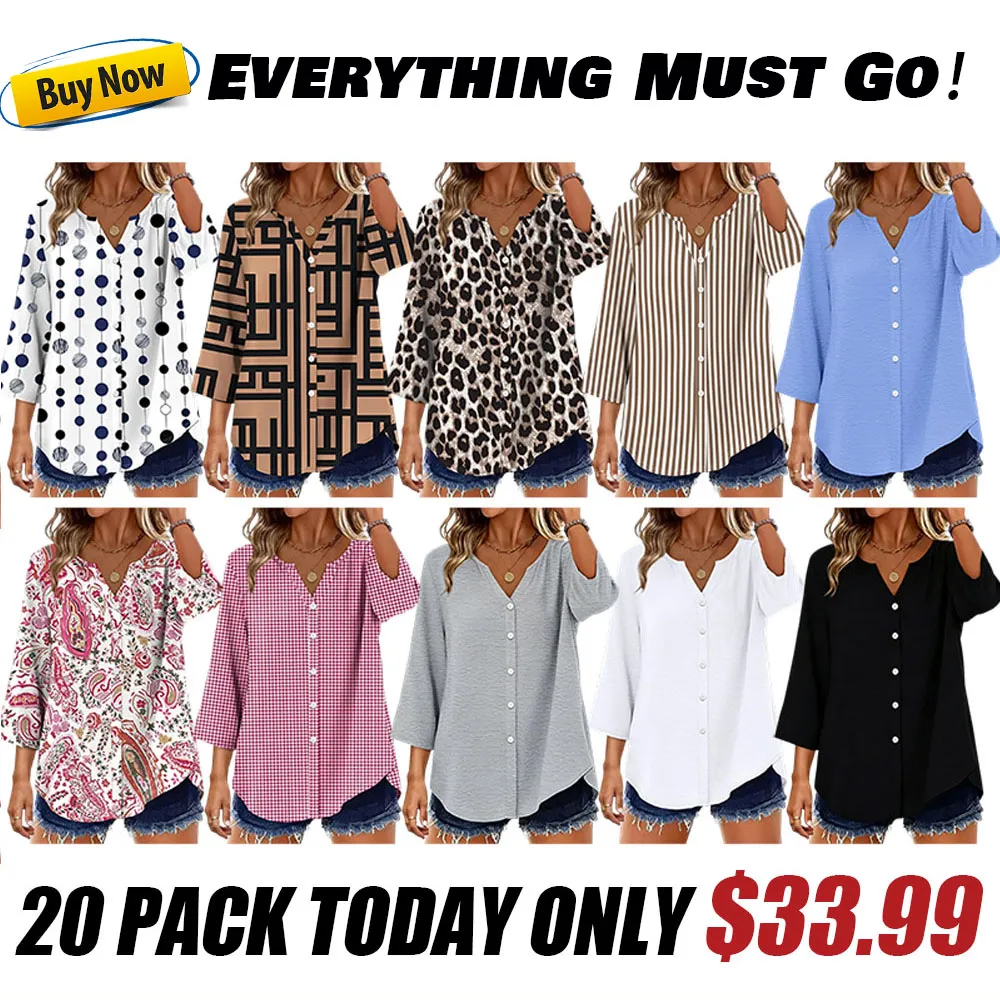 🔥 Women's 3/4 Sleeve V-Neck Button Down Blouse | Loose Fit Casual Tops