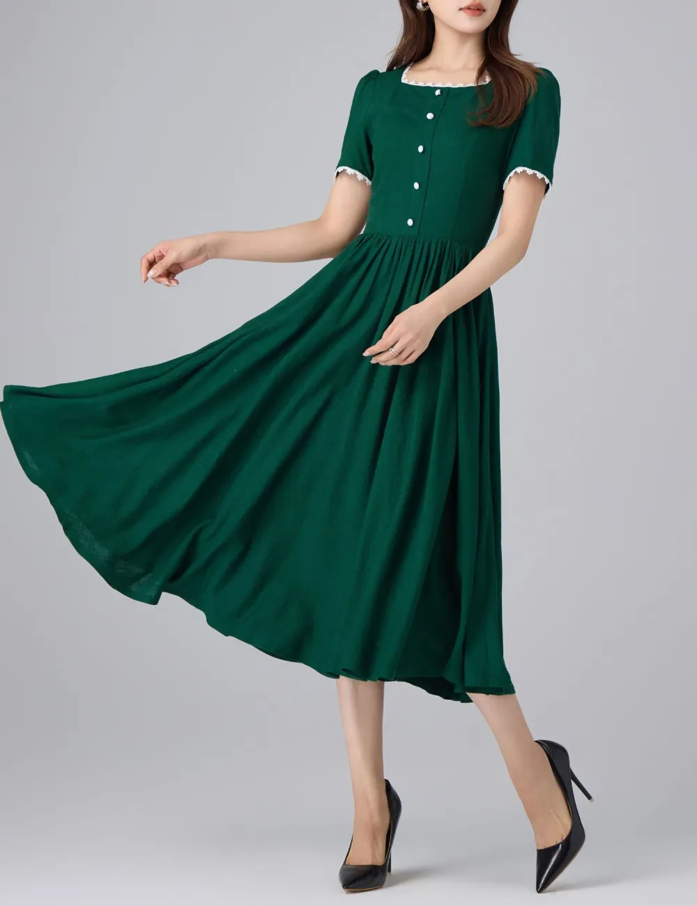 Linen Cotton A Line Puff Sleeve Midi Dress