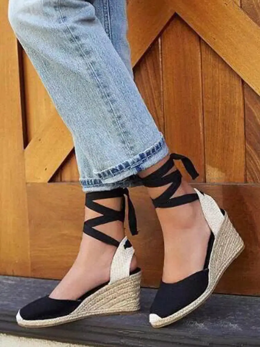 Buckle Panel Detail Square-Toe Lace-Up Ankle Wrap Espadrille Wedge Heeled Sandals
