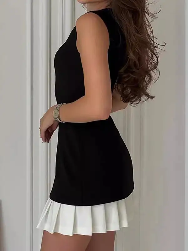 Sleeveless Pleated Solid Color Split Joint Tiered Round Neck Mini Dress