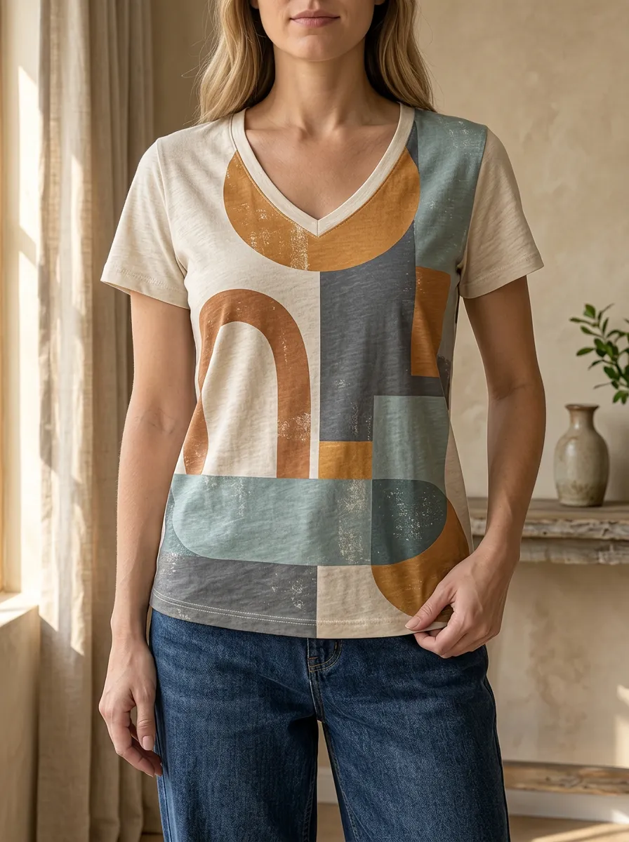 Women's Dynamic Abstract Geometric Art V-Neck T-Shirt