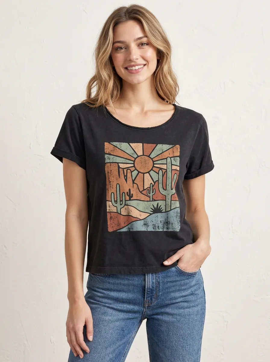 Women's Desert Cactus Sun Retro Minimal Printed Tee