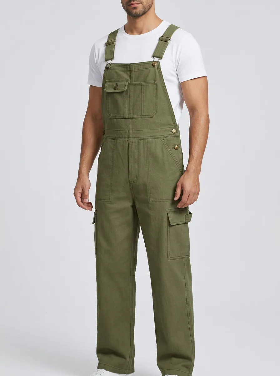 Men's Olive Green Multi-Pocket Utility Bib Overalls