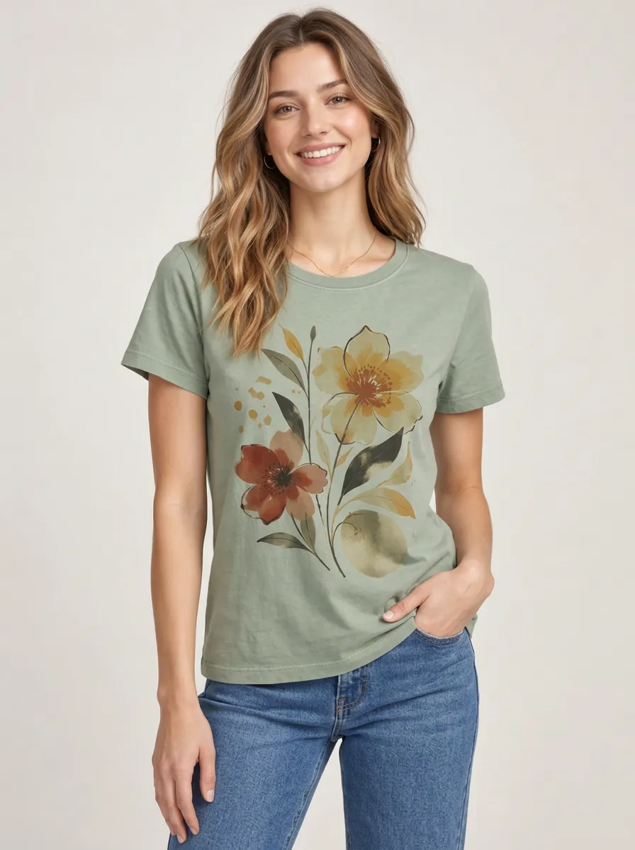 Women's Simple Botanical Watercolor Floral Graphic T-Shirt