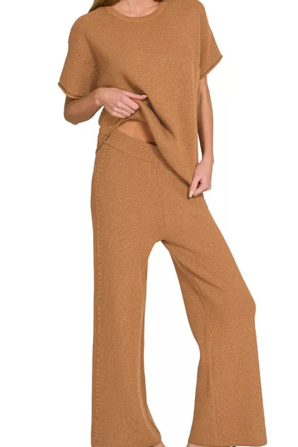 Textured Viscose Round Neck Top & Pants Set