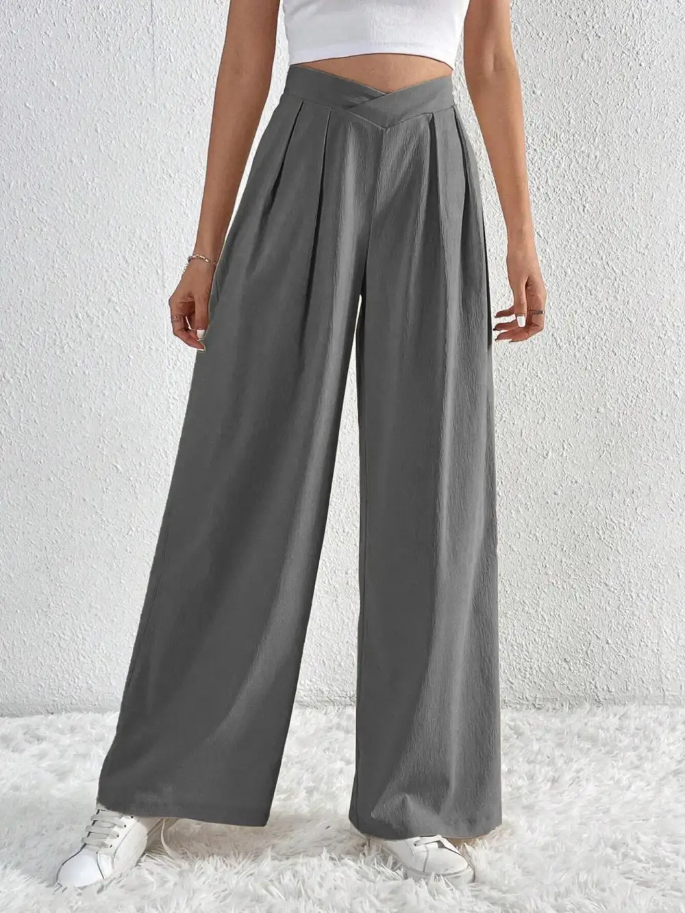 V Waisted Ruched Front Wide Leg Pants