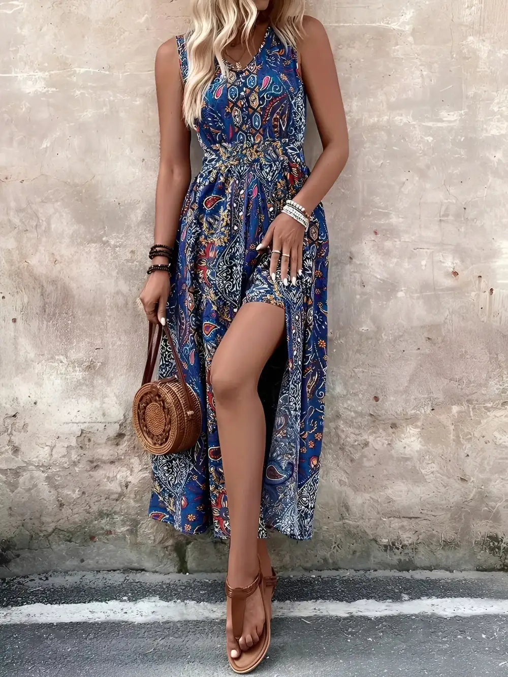 Boho Paisley V-Neck Sleeveless Slit Romper