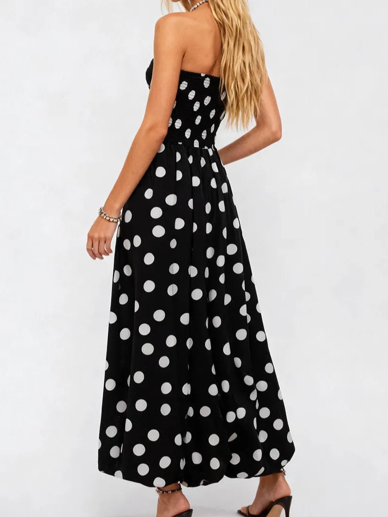 Strapless Polka Dot Smocked Sleeveless Maxi Dress