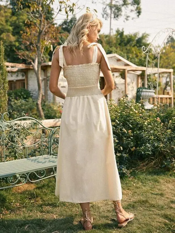 Women Solid Shirred Bodice Split Thigh Knotted Cami Dress