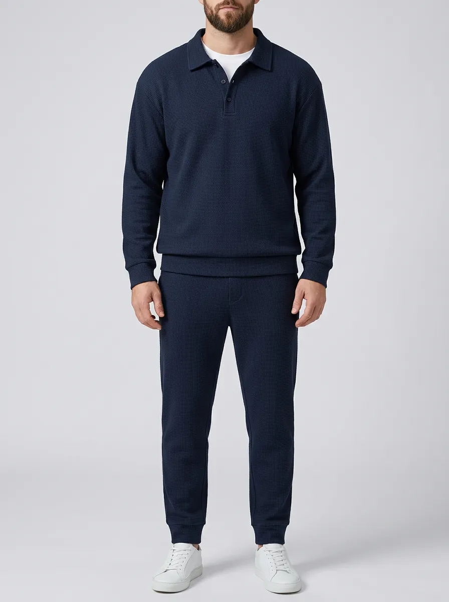 Men's Everyday Waffle Textured Polo Collar Jacket and Jogger Pants Set