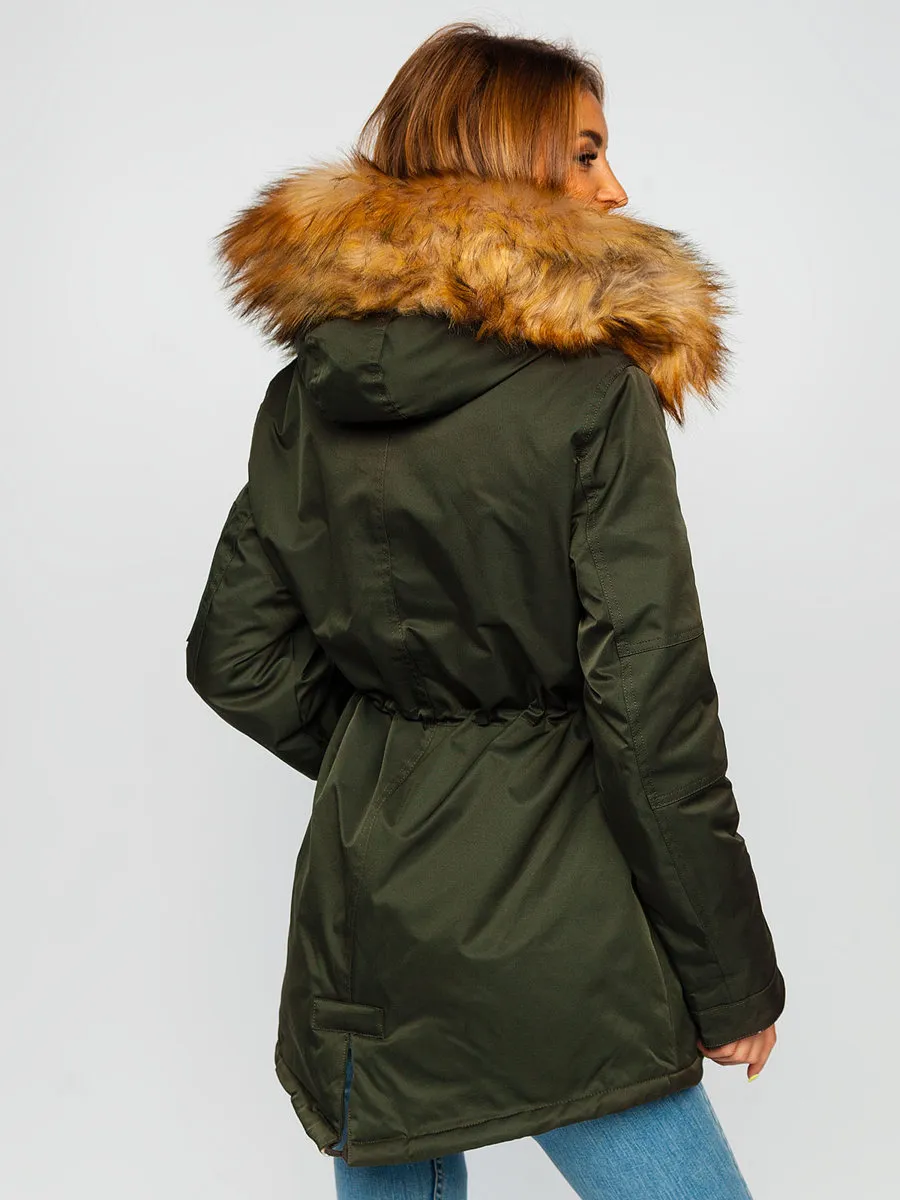 Khaki women's winter parka jacket with hood