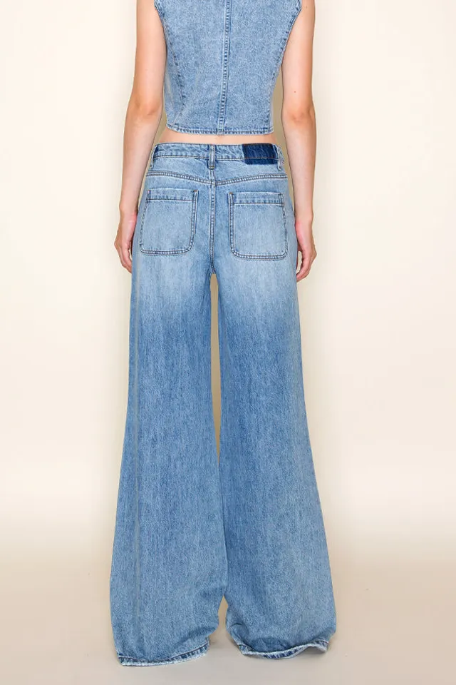 Women's High Rise Crossover Relaxed Wide Leg Rigid Denim Jeans