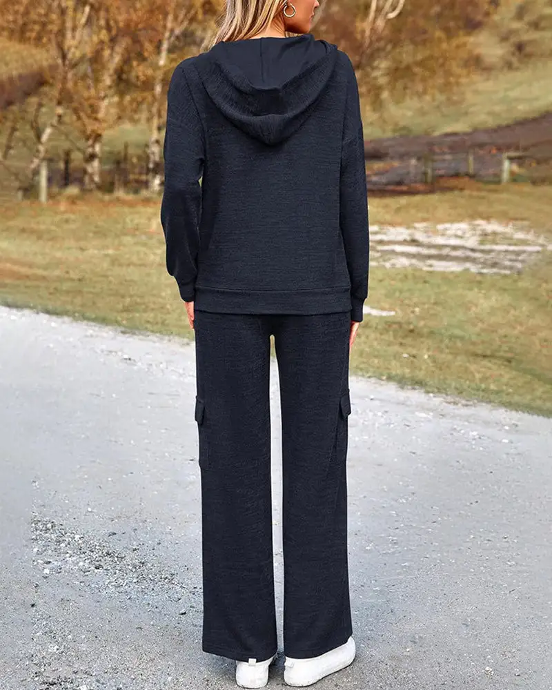 Casual Two-Piece Cargo Sweatsuit Set Hoodie and Pants