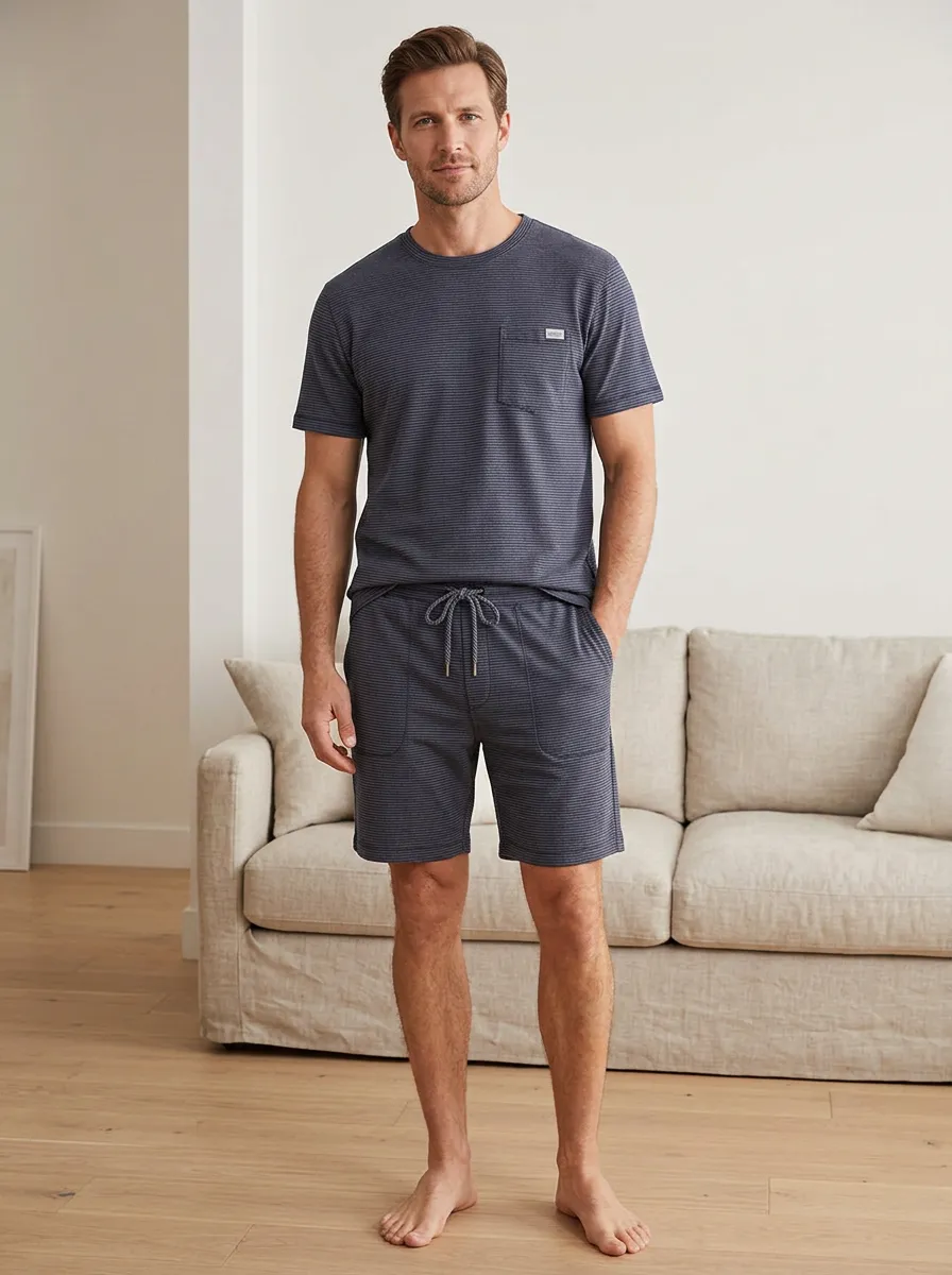 Men's Casual Lounge Striped Printed T-shirt and Shorts Set