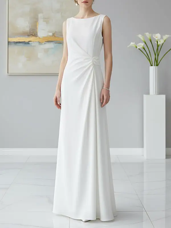 Gauze Pleated Sleeveless Neck Maxi Dress