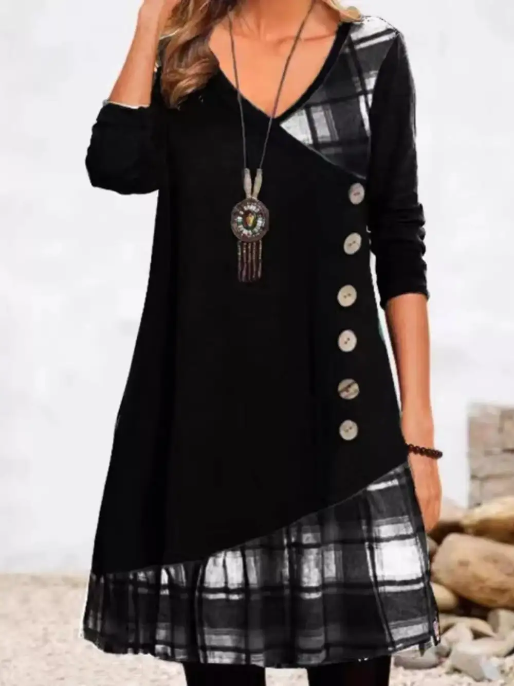 Asymmetrical Plaid Patchwork Long Sleeve Dress