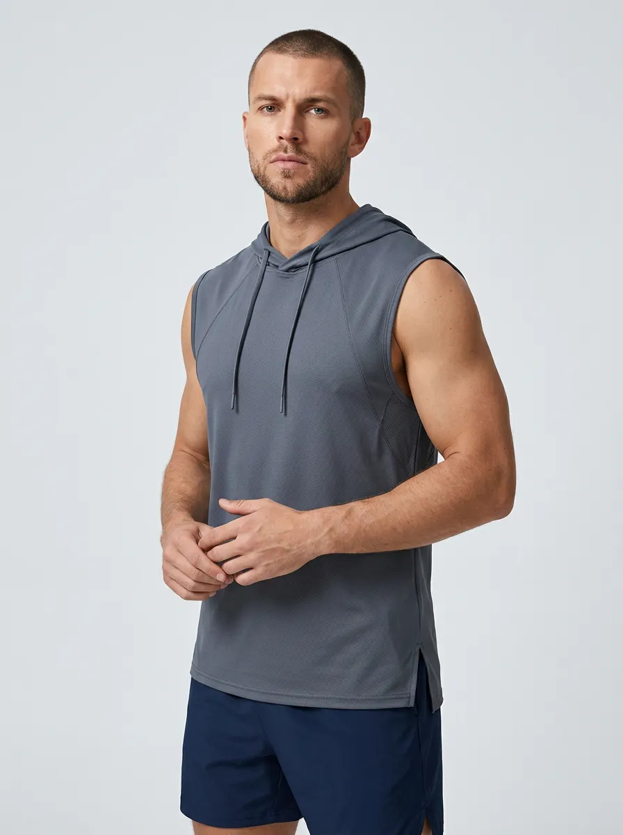 Men's Fitness Workout Grey Quick-Dry Hooded Tank Top