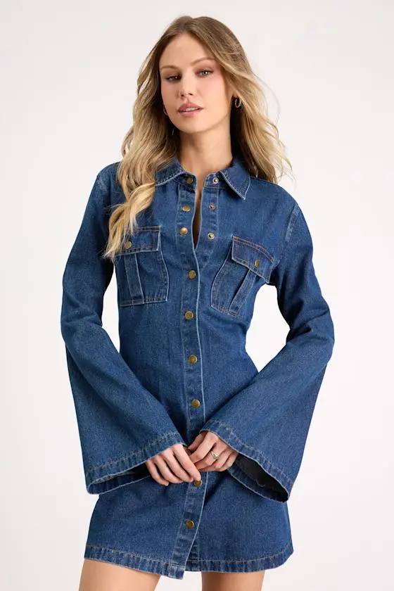 Amita Medium Wash Button-Front Bell Sleeve Mini Dress