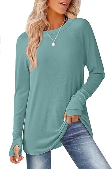 Womens Tunic Tops to Wear with Leggings Long Sleeve Thumb Hole Shirts Crew Neck Curved Hem