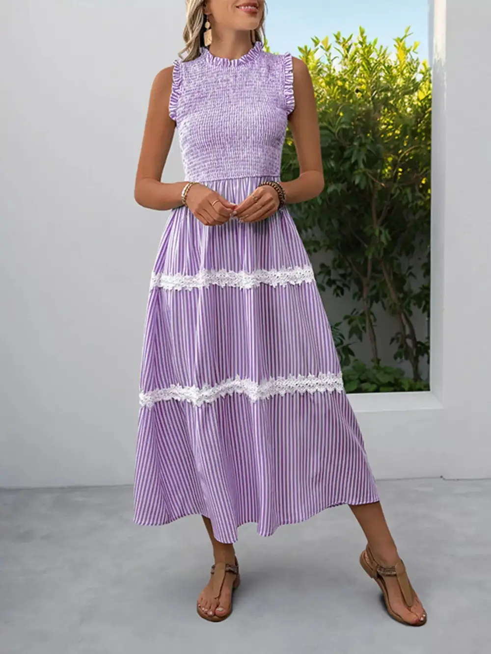 Gathered Detail Striped Lace Smocked Midi Dress