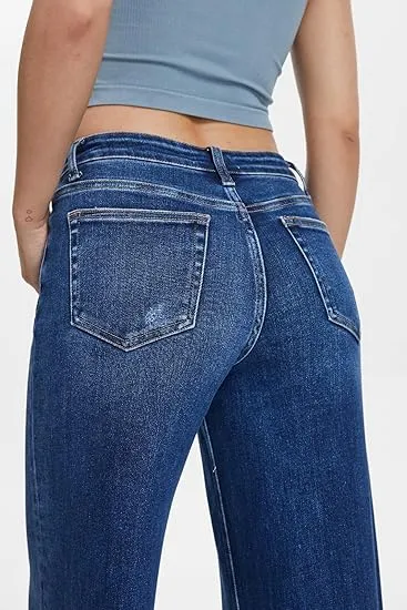 Mid-low Rise Baggy Jeans Stretchy Wide Leg for Women Distressed Pants